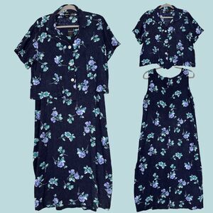 Vtg Erika Maxi Dress 2-Piece Marching Set 14 L/XL Floral Blue Cottage Granny 90s
